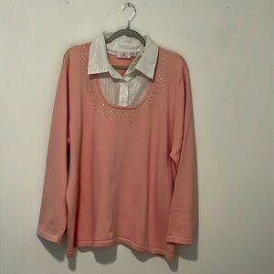 Rose colored top long sleeve, rhinestones,white button collar shirt, attached.